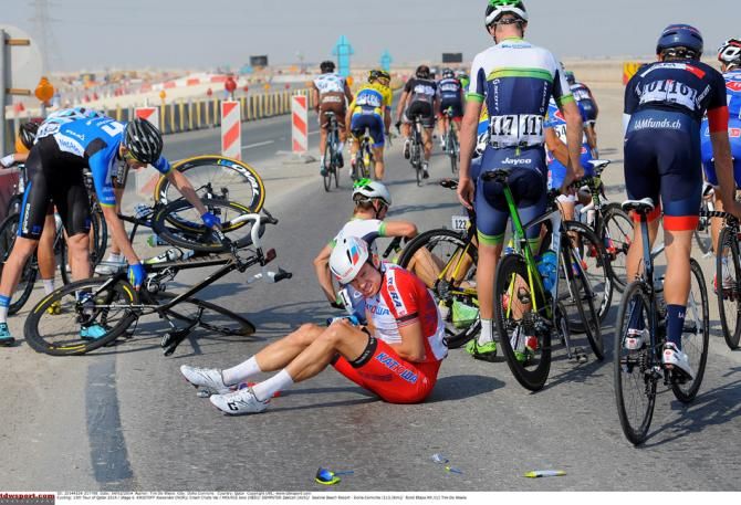Alexander Kristoff is one of many involved in an early crash