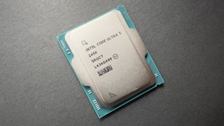 A photo of an Intel Core Ultra 5 245K processor against a dark background