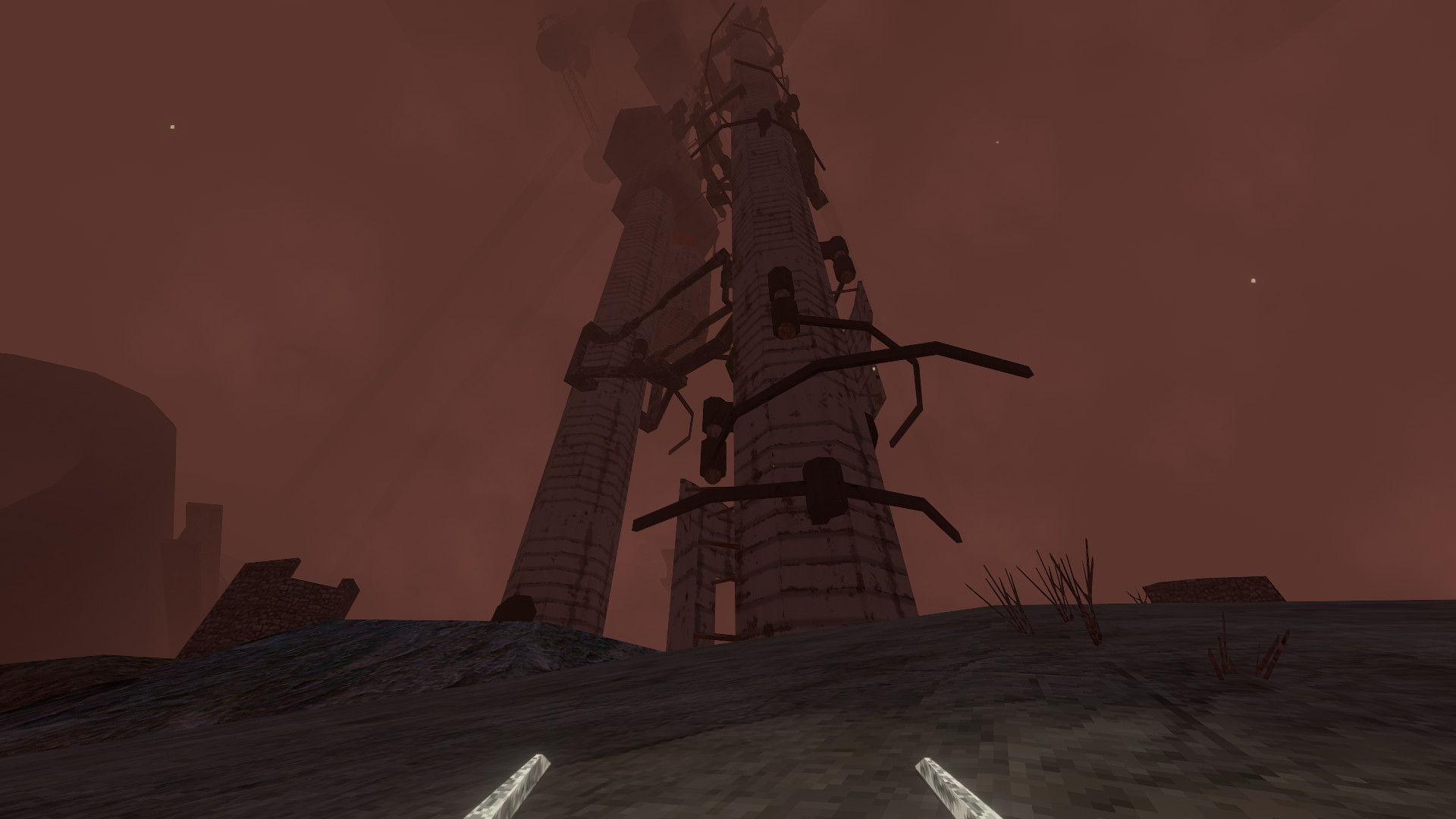 Gazing up at a rusted tower with a brick red sky behind in Lorn's Lure
