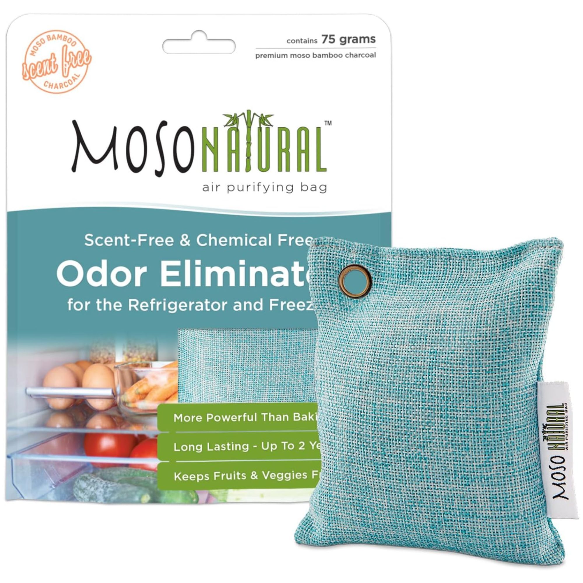 A teal bag of refrigerator odor eliminator next to a white, green and teal cardboard packaging box