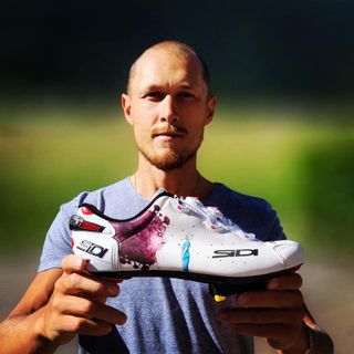 Matteo Trentin shows off his special anti-COVID-19 Sidi race shoes