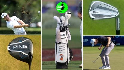 Rasmus Neergaard-Petersen's bag with pictures of him and golf clubs around