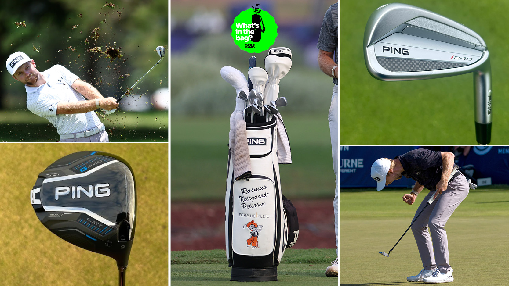 Rasmus Neergaard-Petersen&#039;s bag with pictures of him and golf clubs around