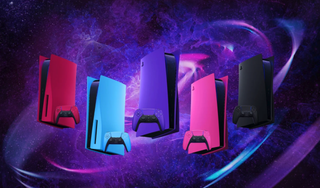 PS5 systems with red, blue, pink, black and purple faceplates.
