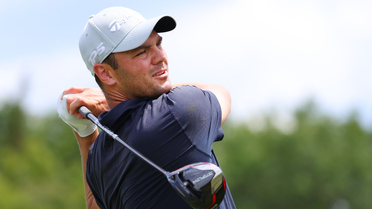 Martin Kaymer takes a tee shot at the 2022 LIV Golf Bedminster event