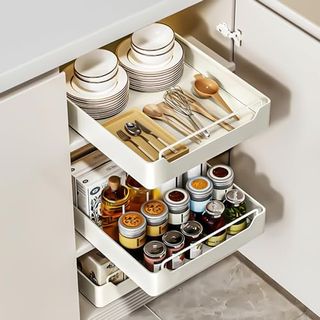 Quseha Pull Out Cabinet Organizer Fixed With Adhesive Nano Film, Heavy Duty Slide Out Pantry Shelves, Sliding Drawer Pantry Shelf for Kitchen, Living Room, Home,12.2