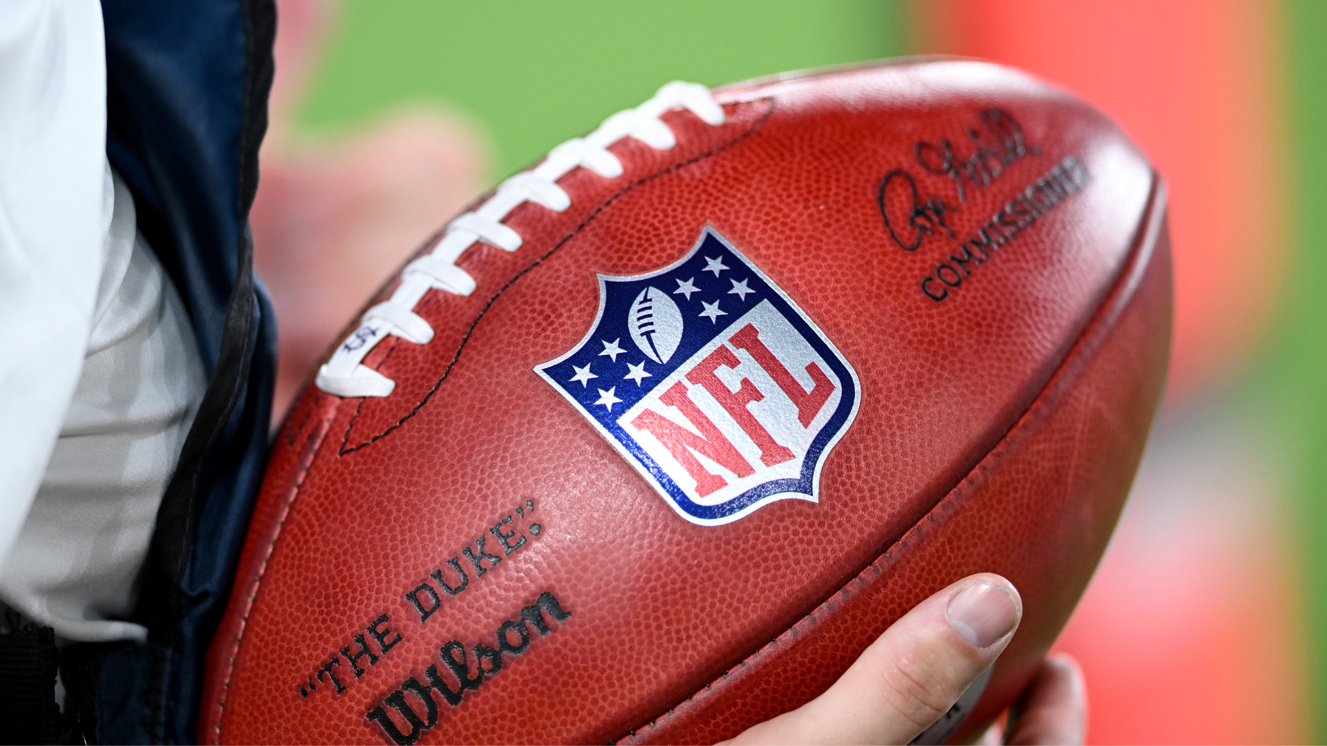 A view of the NFL Logo on a football in the game between the Baltimore Ravens and the Indianapolis Colts during the NFL Preseason 2025 game at M&T Bank Stadium on August 07, 2025 in Baltimore, Maryland.