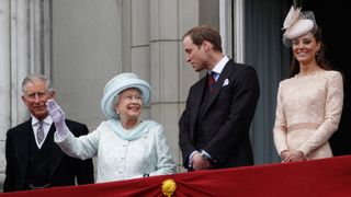 Prince Charles, Prince of Wales, Queen Elizabeth II, Prince William, Duke of Cambridge and Catherine, Duchess of Cambridge on the balcony of Buckingham Palace during the finale of the Queen's Diamond Jubilee celebrations on June 5, 2012 in London, England.