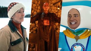 A photo collage containing stills of Barb (Emma Thompson) in a scene from "Dead of Winter" (2025), Ralph Fiennes in his demonic garb in a scene from "28 Years Later: The Bone Temple", and Brendan Fraser in a toothpaste mascot costume in "Rental Family"