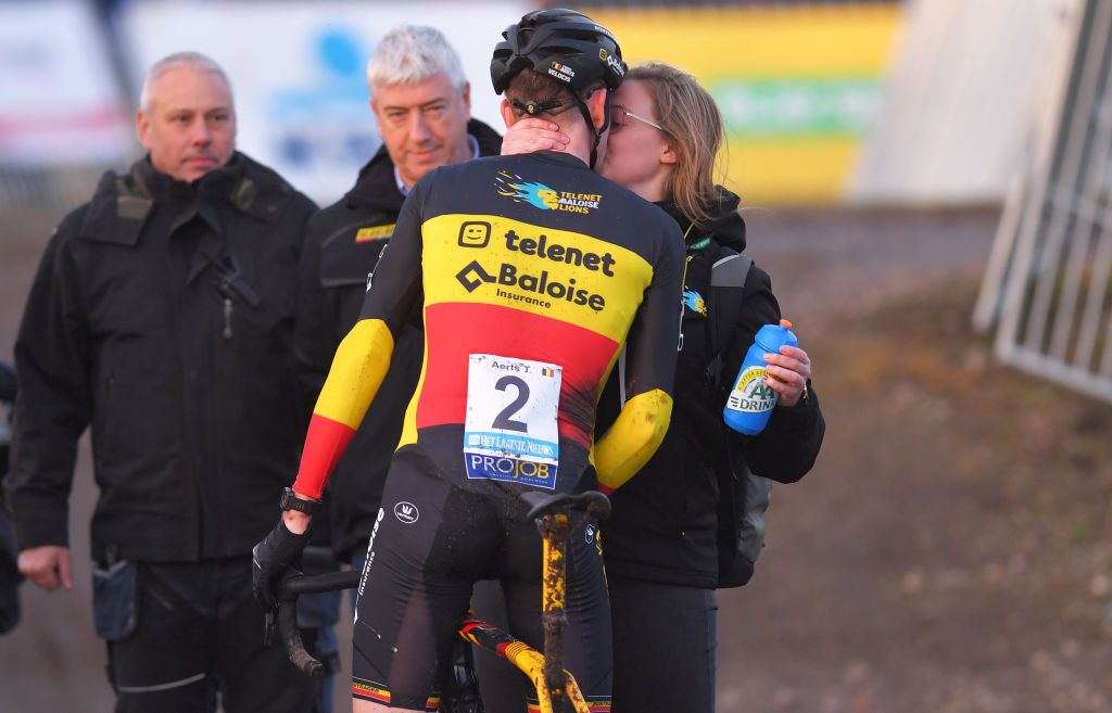 ZONHOVEN BELGIUM DECEMBER 08 Arrival Toon Aerts of Belgium and Team Telenet Baloise Lions Celebration during the 24th Superprestige Zonhoven 2019 superprestige zonhoven TelenetSuperprestige on December 08 2019 in Zonhoven Belgium Photo by Luc ClaessenGetty Images