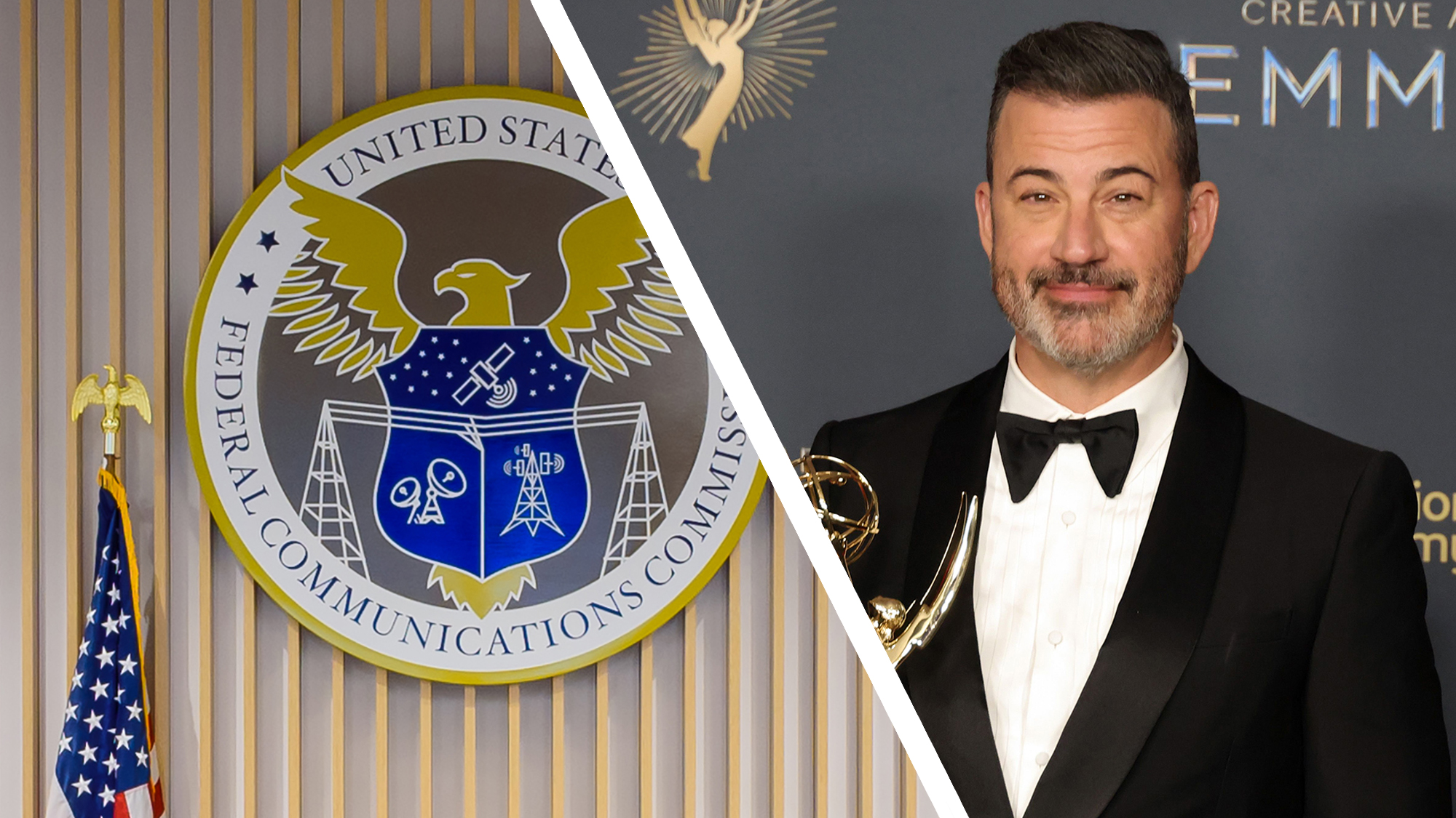 The FCC logo next to Jimmy Kimmel holding an award
