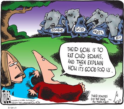 Political cartoon U.S. GOP healthcare plan zombies