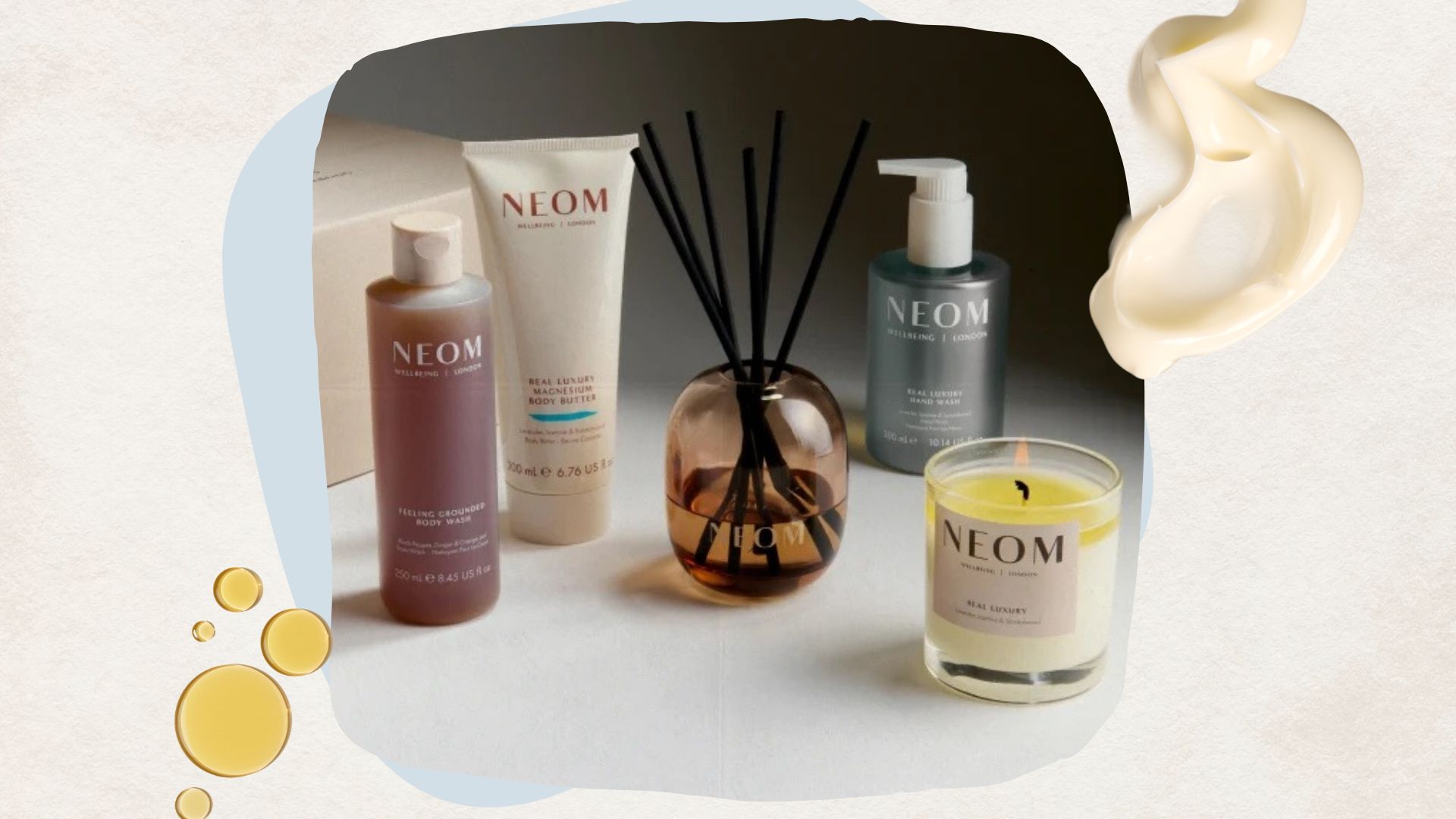 The NEOM de-stress box with five products including a candle, diffuser, body wash, body butter 