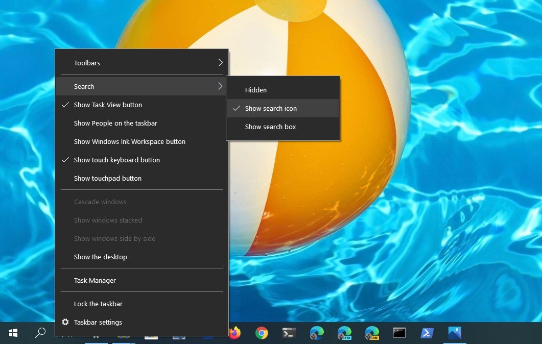 Search box in taskbar customization