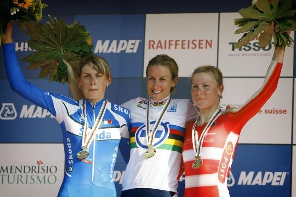 The Elite Womens time trial podium: Noemi Cantele (2nd, Italy), Kristin Armstrong (1st, USA) and Linda Melanie Villumsen (3rd, Denmark).