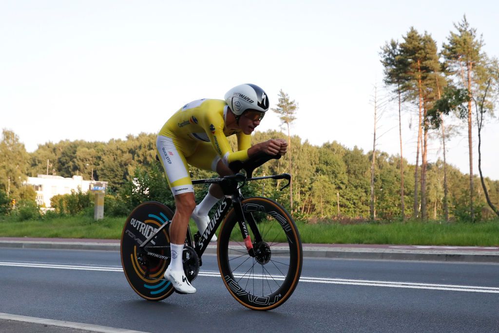 KATOWICE POLAND AUGUST 14 Joo Pedro Gonalves Almeida of Portugal and Team Deceuninck QuickStep Yellow Leader Jersey competes during the 78th Tour de Pologne 2021 Stage 6 a 19km Individual Time Trial stage from Katowice to Katowice TourdePologne TDP2021 UCIWT on August 14 2021 in Katowice Poland Photo by Bas CzerwinskiGetty Images