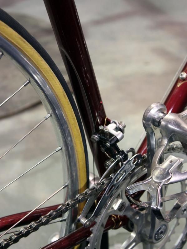 The pinched seat tube on this Bilenky Cycle Works road bike is apparently consistent with an old six-day racer.