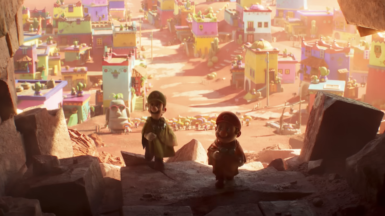 Mario and Luigi walking away from Sand Kingdom in The Super Mario Galaxy Movie