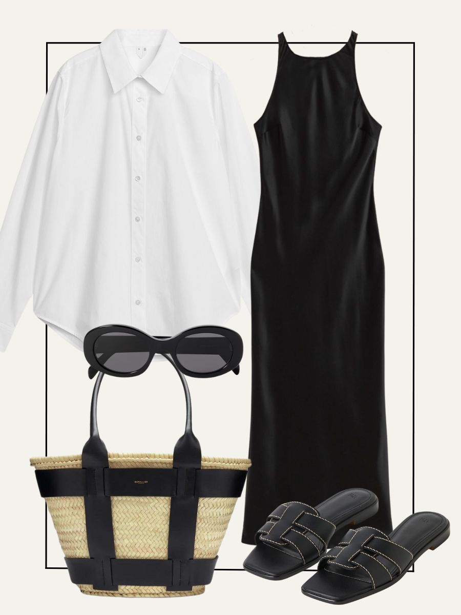 Collage of white shirt, black sunglasses, basket bag, sandals and black midi dress