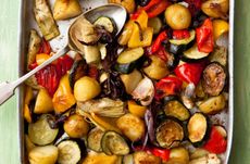 Roasted Mediterranean vegetables in a baking tray