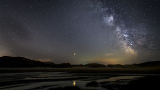 Just around the bay from Three Cliffs in the Gower, South Wales, a brief stop to look up into the night sky with Mars glowing brightly with the Milky Way to the right.