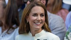 Catherine, Princess of Wales, smiles in the Royal Box at the Ladies' Singles Final of Wimbledon 2025