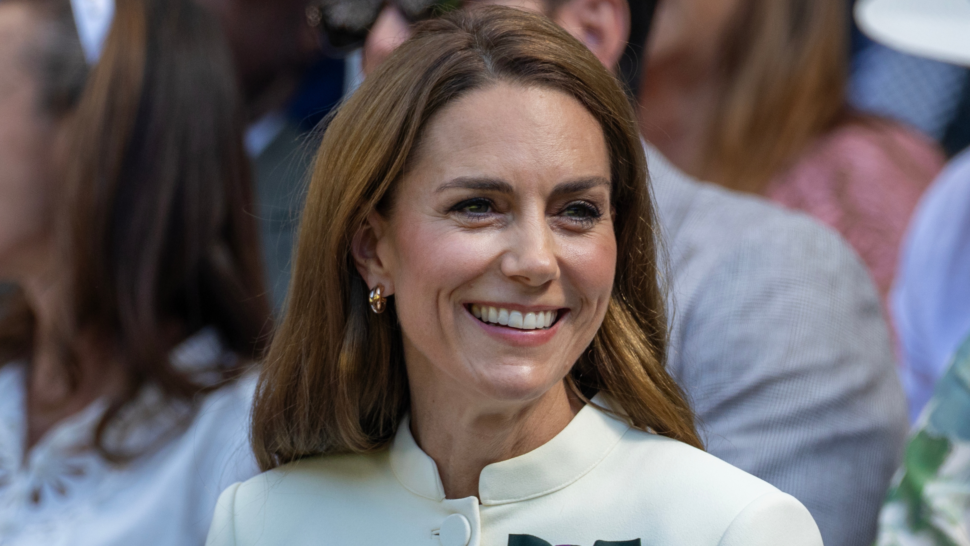 Catherine, Princess of Wales, smiles in the Royal Box at the Ladies&#039; Singles Final of Wimbledon 2025
