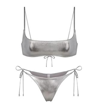 Womens Metallic Scoop Bikini Sets - Sexy Two Piece Summer Glitter String Swimsuit Silver Gold Micro Top Tie Side Thong(silver,l,10261e)