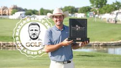 Scottie Scheffler holding the CJ Cup Byron Nelson trophy at TPC Craig Ranch after winning in 2025, with the Bazza's Best Bets logo as an inset behind him