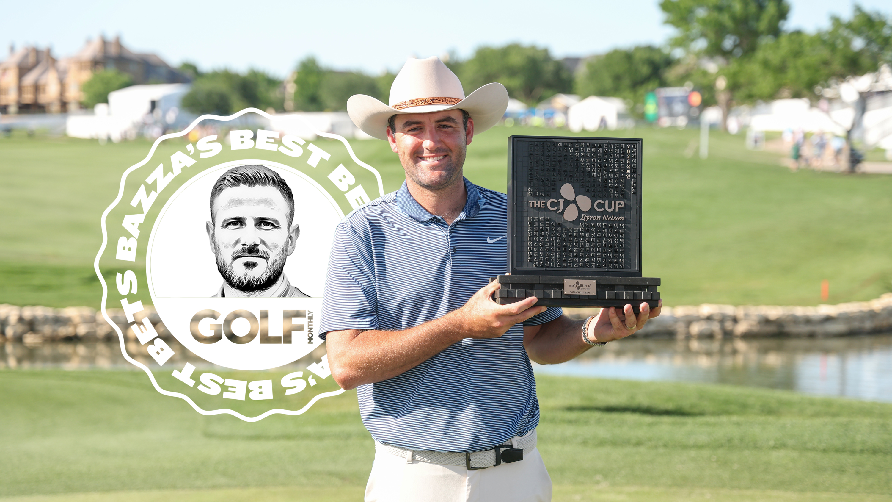 Scottie Scheffler holding the CJ Cup Byron Nelson trophy at TPC Craig Ranch after winning in 2025, with the Bazza's Best Bets logo as an inset behind him