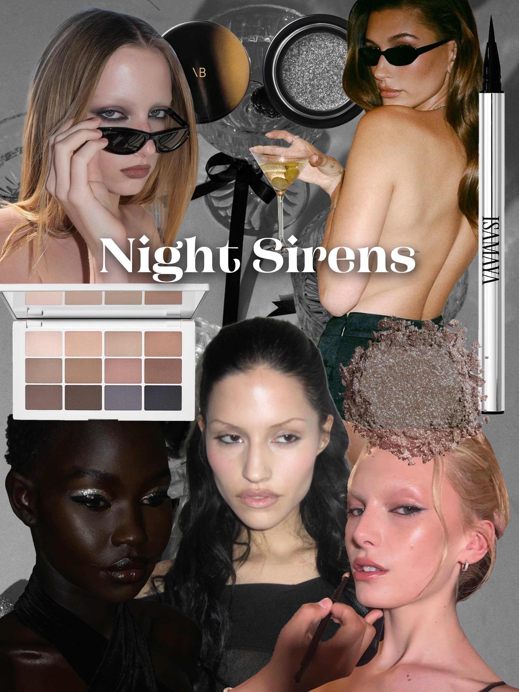 A makeup mood board inspired by smudgy, party makeup with grey smouldering eyes and glitter shadow