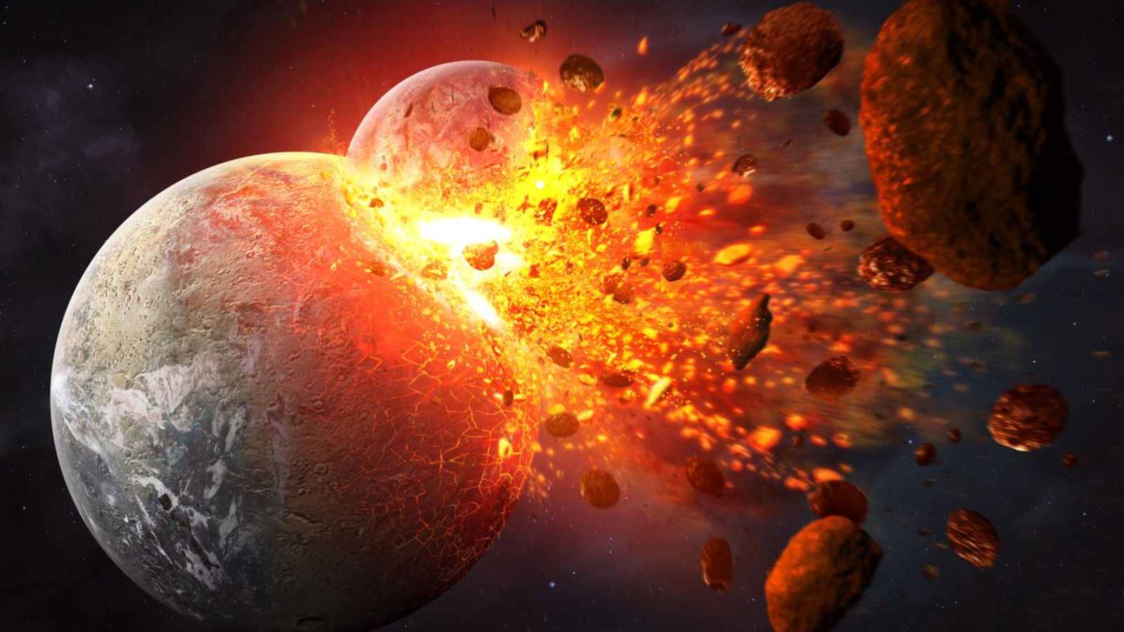 Illustration of the giant impact hypothesis, with the hypothetical planet Theia colliding with Earth 4.5 billion years ago, created on July 19, 2015.