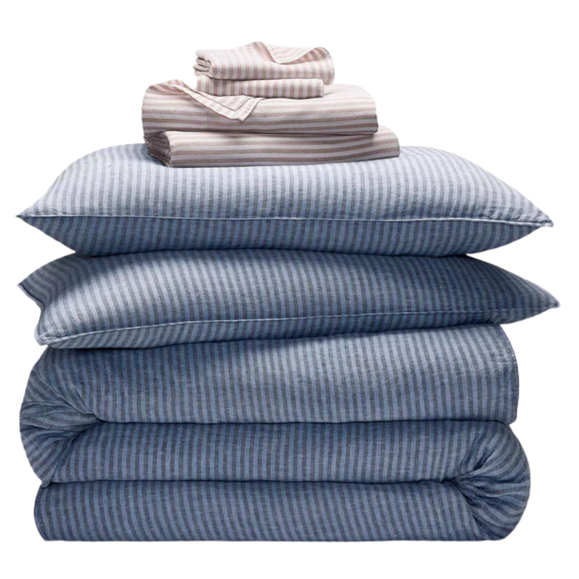 Washed European Linen Hardcore Sheet Bundle in dark blue and white and pink stripe, folded up in a pile