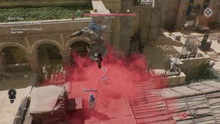 Assassin's Creed Mirage tips Basim assassinating guard in red smoke cloud