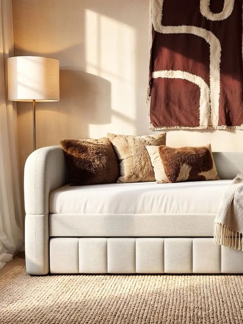 Flair Livia Day Bed With Trundle Cream Chenille