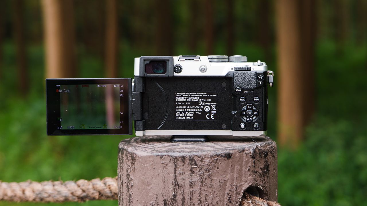 Rearview of the OM System PEN mirrorless camera and the screen is flipped out to the side, it's on a wooden post on the edge of a forest in a nature reserve