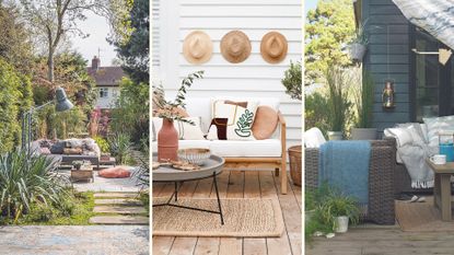  Compilation of gardens showing an array of outdoor living room ideas including outdoor sofas, coffee table and fairy lights