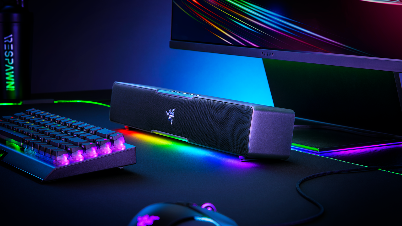 Razer Leviathan V2 X soundbar on PC gaming desk