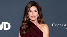 Cindy Crawford is pictured with loosely-curled brunette hair and wearing a one-shoulder brown dress at The 2026 WWD Style Awards presented by Women's Wear Daily at Regent Santa Monica Beach on January 09, 2026, in Santa Monica, California.