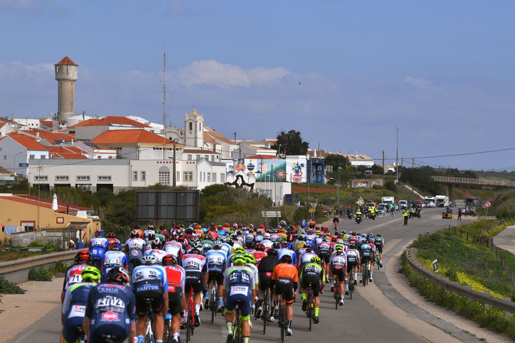 ALTO DA FIA MONCHIQUE PORTUGAL FEBRUARY 20 Start Peloton Sagres Village Landscape during the 46th Volta ao Algarve 2020 Stage 2 a 1839 km stage from Sagres Vila do Bispo to Alto da Fia 884m Monchique VAlgarve2020 on February 20 2020 in Alto da Fia Monchique Portugal Photo by Tim de WaeleGetty Images