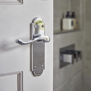 bathroom with white door and steel door handle