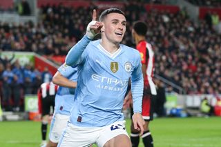 Phil Foden Manchester City star scores a goal against Brentford in west London