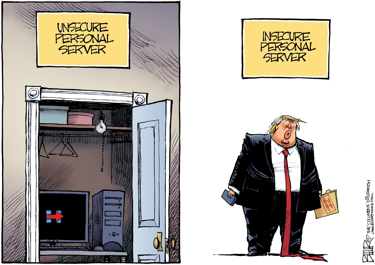 Political cartoon U.S. Trump Russia intelligence leaks Clinton private email server