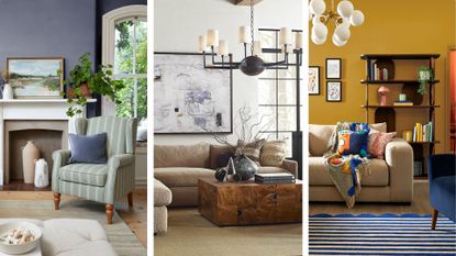 Compilation image of living room with sofas and armchairs to demonstrate the small living room layout rules interior designers live by