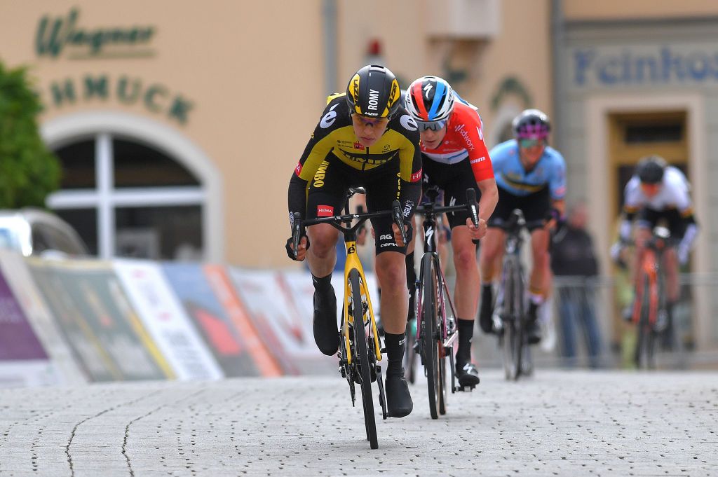 SCHMOLLN GERMANY MAY 25 Romy Kasper of Germany and Jumbo Visma Team Christine Majerus of Luxembourg and Team SD Worx sprint at arrival during the 34th Internationale LOTTO Thringen Ladies Tour 2021 Stage 1 a 899km stage from Schmolln to Schmolln ltlt2021 lottothueringenladiestour womencycling on May 25 2021 in Schmolln Germany Photo by Luc ClaessenGetty Images