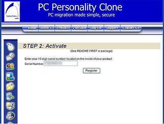 The software must be activated on the Source computer. To do this you connect to SaberData and enter a 10 digit serial (registration) number that comes with the PC Personality Clone kit.