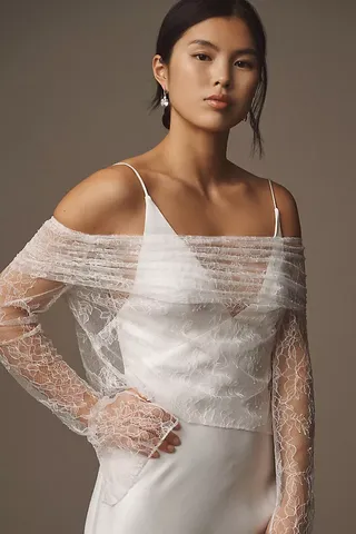 Theia Ocean Off-The-Shoulder Long-Sleeve Lace Bridal Topper