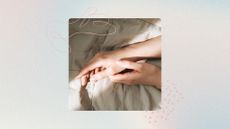 Square image of woman's hands on bed linen with a pink fine line drawing overlaying the top left corner, set in front of pink polka dots (bottom right) against a pastel blue and pink ombrebackground 