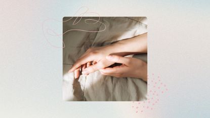 Square image of woman's hands on bed linen with a pink fine line drawing overlaying the top left corner, set in front of pink polka dots (bottom right) against a pastel blue and pink ombrebackground