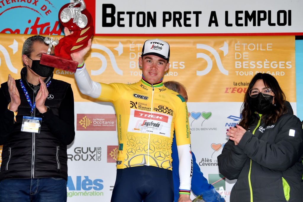 ALES FRANCE FEBRUARY 06 Mad Pedersen of Denmark and Team Trek Segafredo orange Leader Jersey celebrates winning the yellow points jersey on the podium ceremony after the 52nd toile De Bessges Tour Du Gard 2022 Stage 5 a 11km individual time trial from Als to Als lErmitage ITT EDB2022 on February 06 2022 in Als France Photo by Luc ClaessenGetty Images